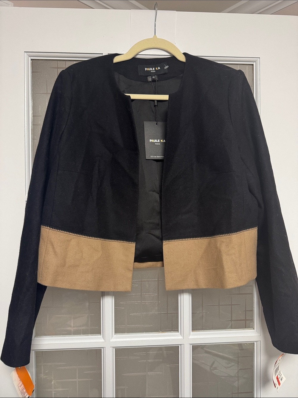 PAULE KA Black Cropped Jacket with Tan Hem Panel